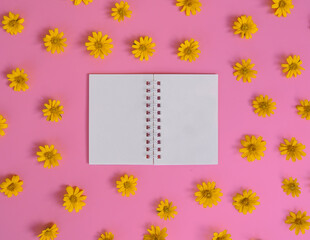 Directly above view of blank notebook with orange flower on pink  background.