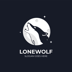 Lone Wolf. Howling Wolf with moon and stars logo design. Vector EPS 10