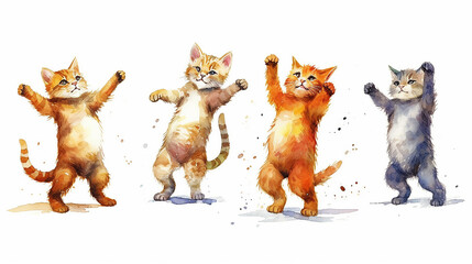 drawing collection cats dancing watercolor multicolored on a white background,  AI