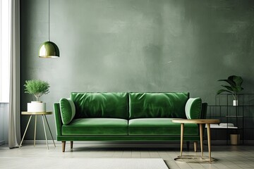 green couch in a living room. Generative AI - Powered by Adobe