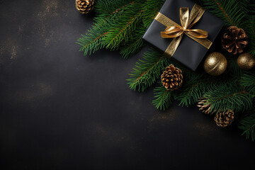 christmas decor and gift box on a black background