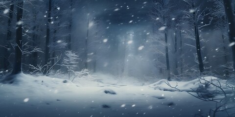 Blurry image of a winter forest, small snowdrifts and light snowfall - a beautiful winter-themed background wide format