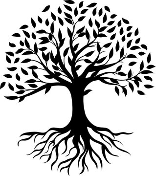 recommend clip art: black and white tree Tree silhouette with leaves and roots isolated