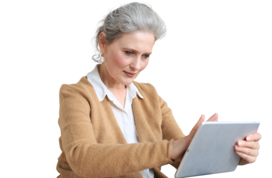 Cheerful middle aged woman sitting on sofa, using computer tablet apps, looking at screen, reading good news in social network, shopping or chatting online on a transparent background