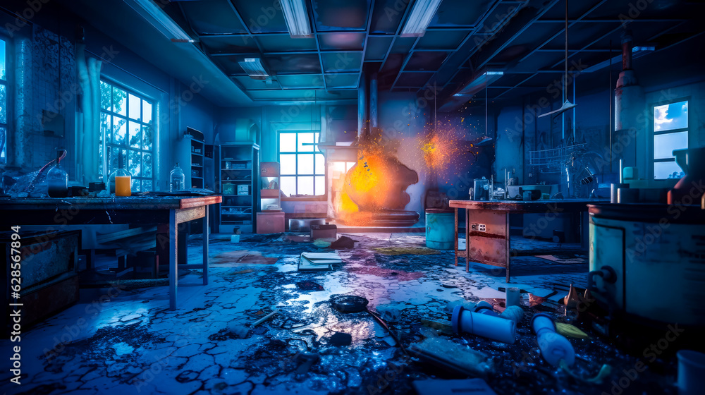 Poster room with lot of debris on the floor and large yellow object in the middle