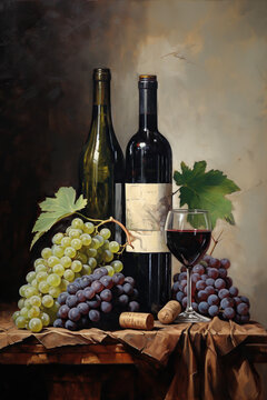 painting of still life with red and white wine and grapes