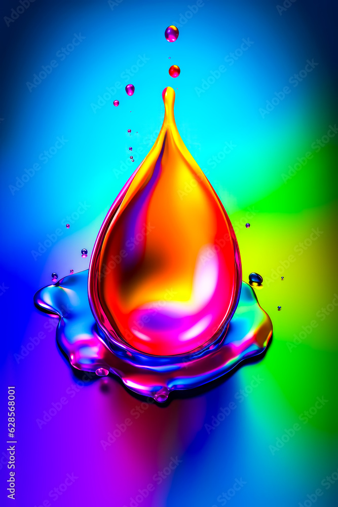 Poster multicolored drop of water on multicolored background with bubbles