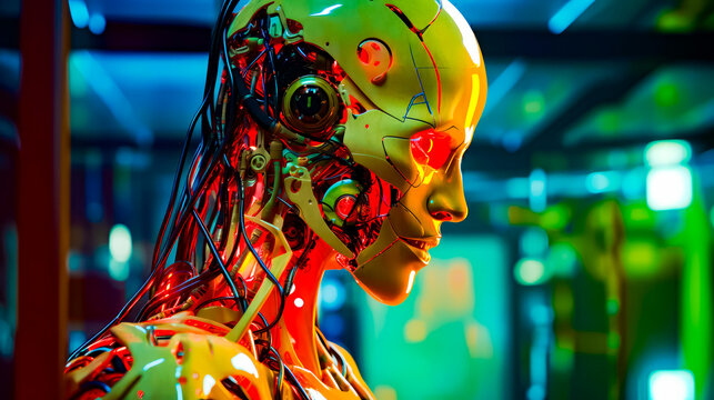 Robot with headphones and wires in its ear is staring into the distance