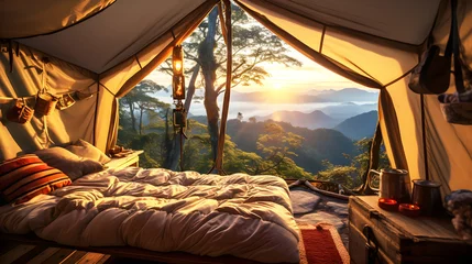Tuinposter View from inside  tent at a campsite, as the stunning sunrise casts its warm glow over jungle landscape adorned with  of the rainforest blanketed in beautiful morning fog, for camping. AI generation © chiew