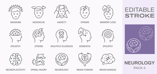 Neurology icons, such as brain tumors, dementia, multiple sclerosis, epilepsy and more. Editable stroke. - obrazy, fototapety, plakaty