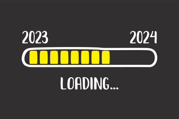 Download bar. 2023 loading, 2024 next year. Timeline, measuring scale. Funny horizontal banner, for web or print. Text and symbols on black background. Design doodle style,