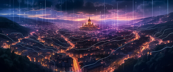 a mesmerizing urban landscape where the future meets artistry. Vivid purple and pink tones create a striking ambiance, enhanced by a digital line network and web effect generative AI.