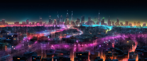 a mesmerizing urban landscape where the future meets artistry. Vivid purple and pink tones create a striking ambiance, enhanced by a digital line network and web effect generative AI.