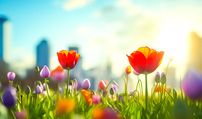 selective focus.closeup of fantasy multicolor tulip flower blooming and butterfly flying in garden with landscape city view.nature spring background.generative ai art