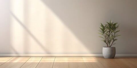 Light gray wall and and a wooden floor with a potted plant with interesting light glare. Empty background interior for the presentation