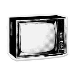 Halftone retro tv icon in pop art retro style. Cartoon vintage 70s, 80s television. Vector illustration with vintage grunge punk cutout shape. © LanaSham