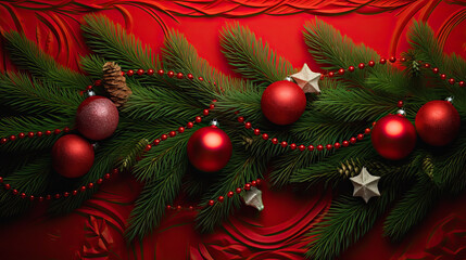 Obraz na płótnie Canvas line christmas garland of green spruce branches, decorations
