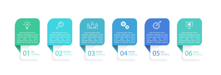 Business infographics line process with template with icons and 6 options or steps.infographics of business,idea,research,meeting,process,goal,report.for infographics design template