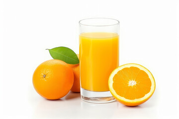 100% Organic Fresh orange juice in the glass with slices of oranges and green leaf isolated on white background , Created with Generate Ai Technology
