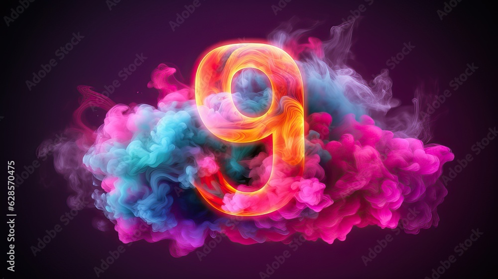 Poster abstract background with neon numbers and clouds,number nine glowing in the dark with colorful smoke