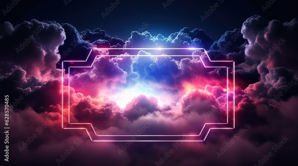 Poster abstract background with neon square frame and clouds,rectangle with colorful smoke,
