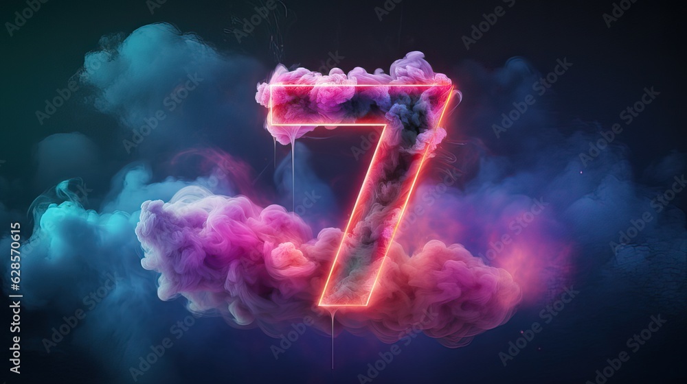 Poster abstract background with neon numbers and clouds,number seven glowing in the dark with colorful smok