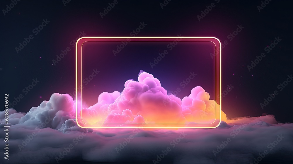 Poster abstract background with neon square frame and clouds,rectangle with colorful smoke,