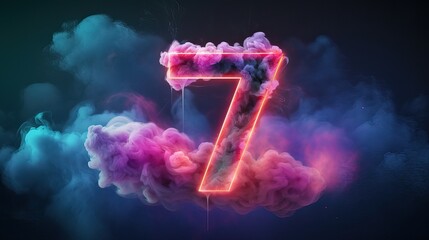 abstract background with neon numbers and clouds,number seven glowing in the dark with colorful smoke.