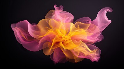 yellow and pink smoke in the shape of a star isolated on dark background. 