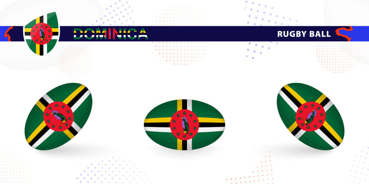 Rugby ball set with the flag of Dominica in various angles on abstract background.