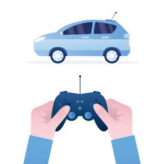 Remote controller for car and other devices. Modern electronic toy. Remote control panel with buttons and sticks in hands. Young person playing RC car.