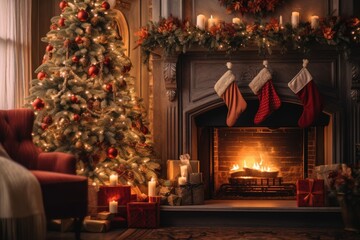Fototapeta na wymiar christmas tree, gifts and decorated fireplace with hanging socks, new year interior concept, generative AI