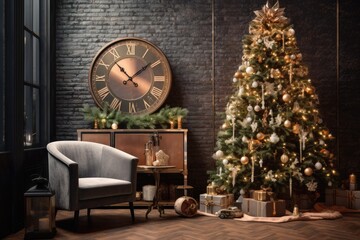 christmas tree, deer, gifts and decorated interior on brick wall background, Generative AI