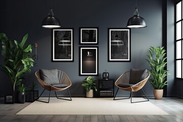 For the presentation of a poster, an interior space with a simple metallic silver background and a...