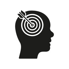Goal, Focus, Target, Aim Silhouette Icon. Arrow in Human Brain Glyph Pictogram. Objective-Focused Person Solid Sign. Concentration Intellectual Process Symbol. Isolated Vector Illustration