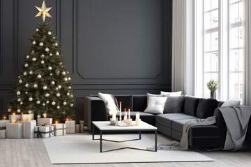 interior in Scandinavian style with Christmas tree and gifts, natural daylight, generative AI