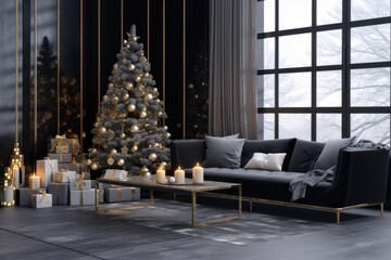 Fototapeta na wymiar interior in Scandinavian style with Christmas tree and gifts, natural daylight, generative AI