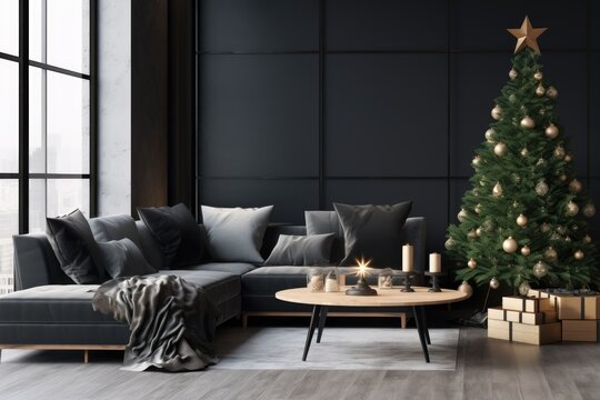 interior in Scandinavian style with Christmas tree and gifts, natural daylight, generative AI