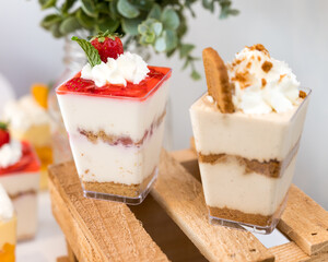 Tiramisu dessert in transparent plastic cup