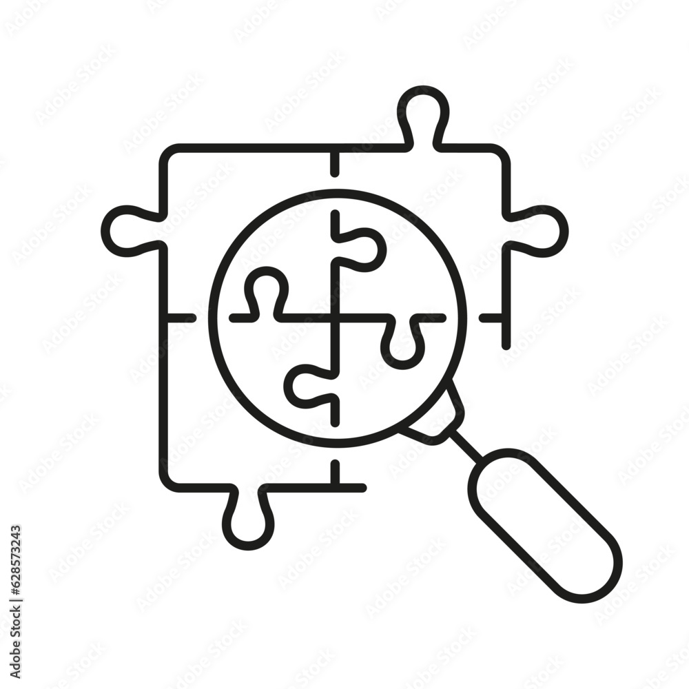 Poster puzzle parts with magnifier line icon. jigsaw pieces and magnifying glass search linear pictogram. t