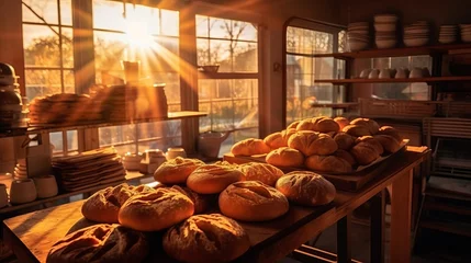 Gordijnen  Delicious buns from the bakery. Various loaves, baguettes. Rye, buckwheat, bran, gluten-free, wheat buns Confectionery. private bakery in the shop. Showcase with pastries. Generative AI © Mary_Ukraine