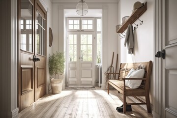 Farmhouse hallway, all white project. Coat rack with wooden bench. glass front door, vintage style decor,. Generative AI