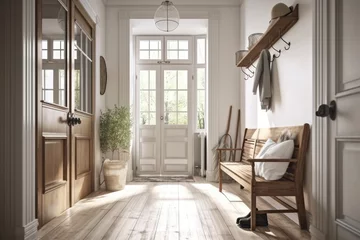Keuken foto achterwand Oude deur Farmhouse hallway, all white project. Coat rack with wooden bench. glass front door, vintage style decor,. Generative AI