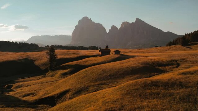 Drone footage at Alpe di Siusi in The Dolomites South Tyrol Italy in Autumn