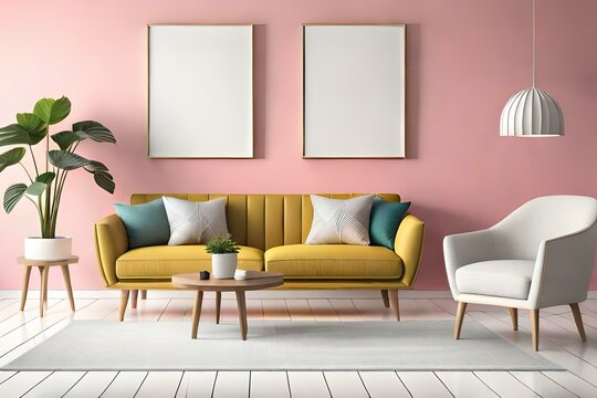 two wooden frames on pink and white wall, frame mockup, 3d render, 3d illustration. modern living room