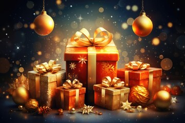 bright christmas presents with decorations and lights on dark black blurred background, Generative AI