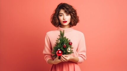 A woman dressed in pastel red sweater and skirt holding little Christmas tree. Generative AI.