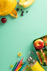 A delightful and nourishing school lunch vertical arrangement displayed from top view presenting food container, bottle, stationery and school bag on a teal background with room for text or advert © ActionGP