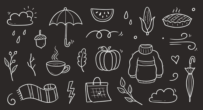 Autumn doodle vector chalkboard set. Hand drawn doodle sketch style nature fall season, autumn icon background. Autumn falling leaves, wind season, umbrella sketch elements. Vector illustration