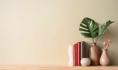 Green Plant in Vase with Books on Bookshelf against White Wall with Copy Space